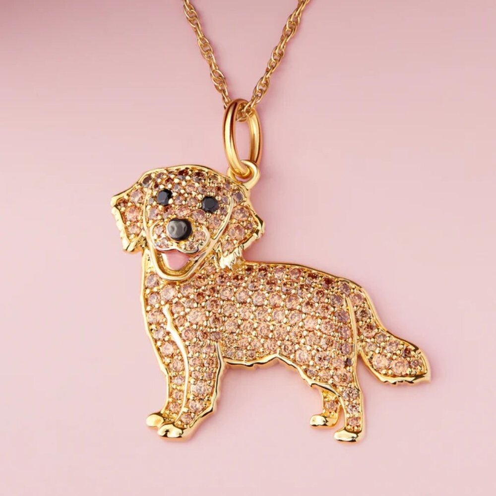 Golden Retriever Black Lab 18K Gold Sterling Silver CZ Rhinestone Dog Necklace